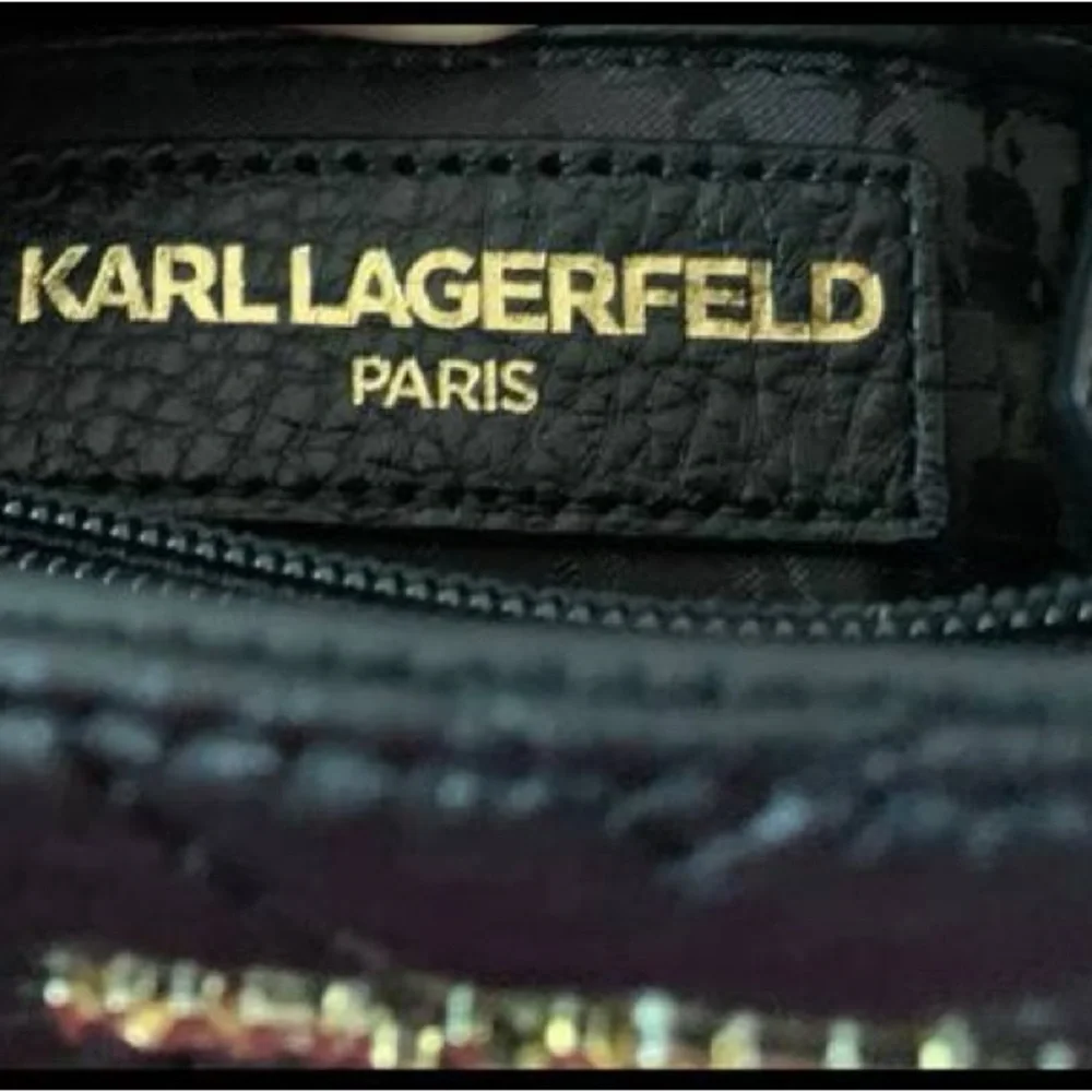 NEW! Karl Lagerfeld Black and Gold Chevron Charlotte Satchel Shoulder Bag - Picture 4 of 10